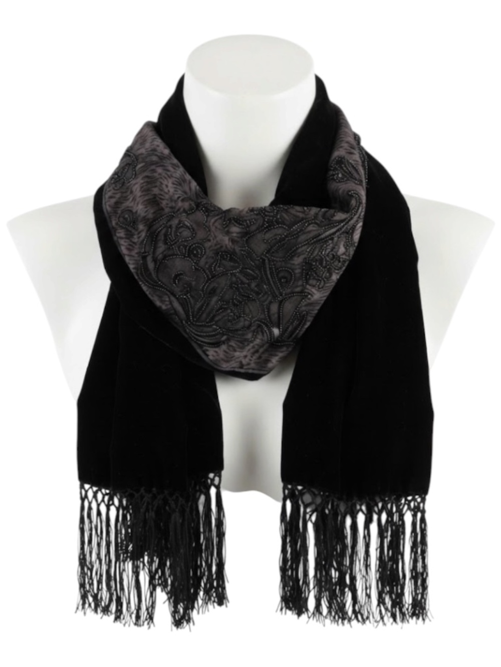 Burnout Velvet Beaded Fringe Shawl Vintage 90s Black Devore Whimsigoth Witchy